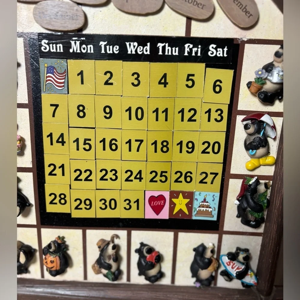 Perpetual Wall Calendar with Bear Animal Figures Collectible Vintage